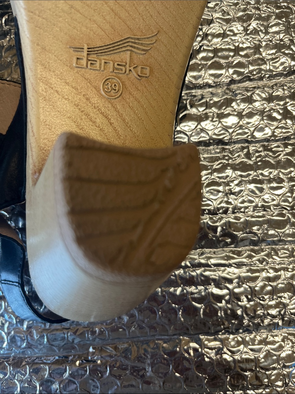 Dansko Black Leather Open-Toe Slingback Sandals with Gold Buckle - Picture 9 of 12